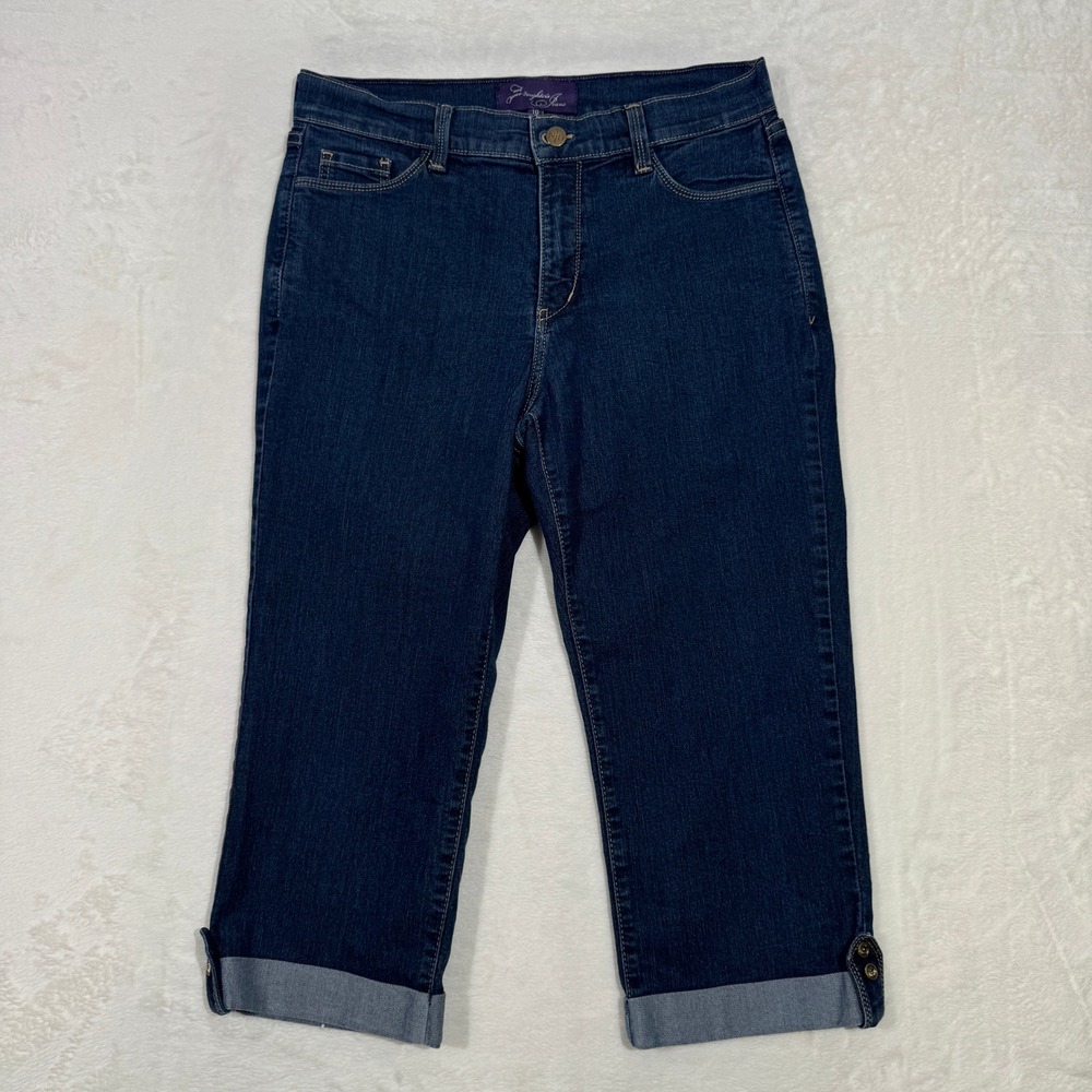 NYDJ Capri Jeans Womens 10 Dark Blue Cropped High Rise Cuffed Button Tab Stretch